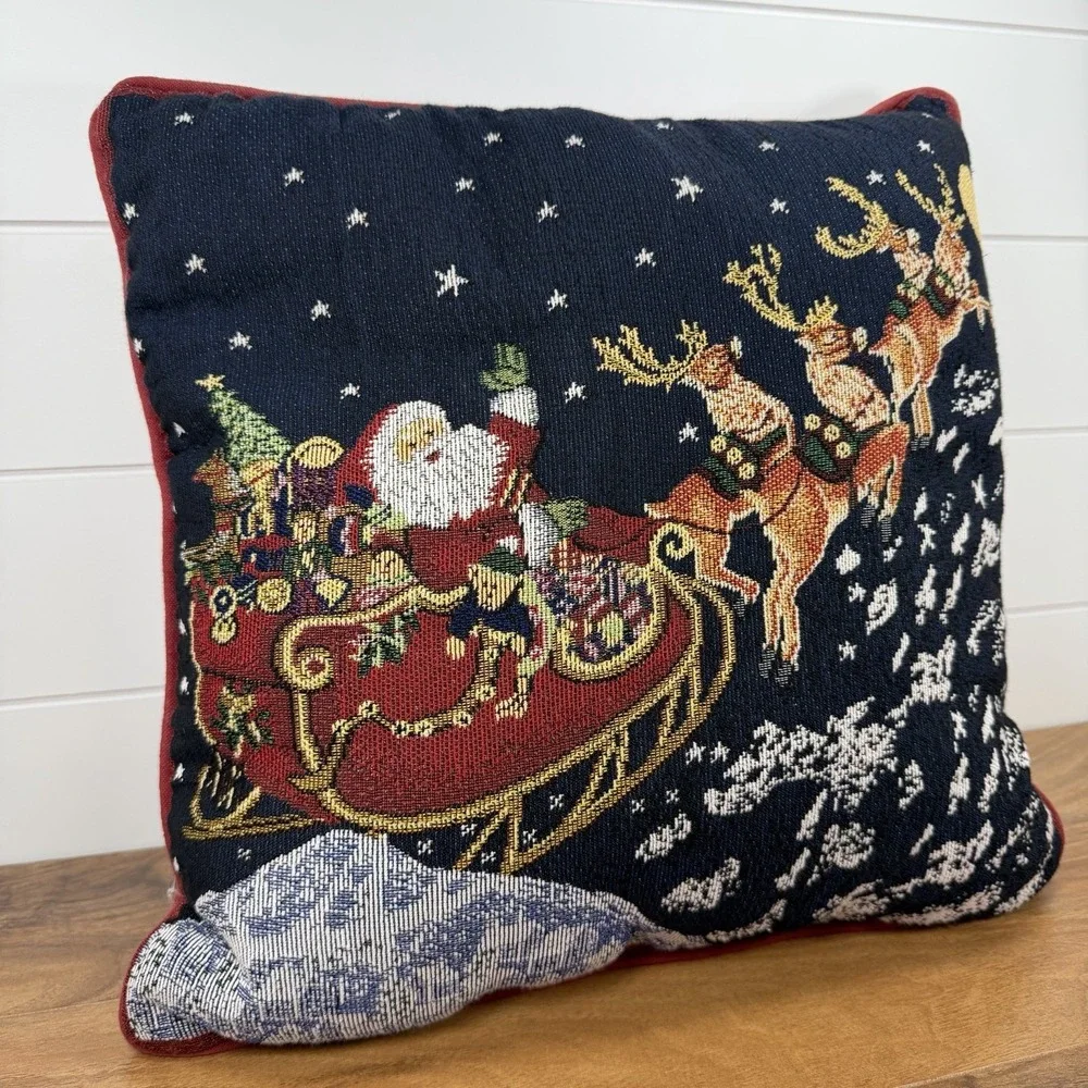 Vintage Christmas Pillow Santa Sleigh Reindeer Cross Stitch Cottagecore Granny